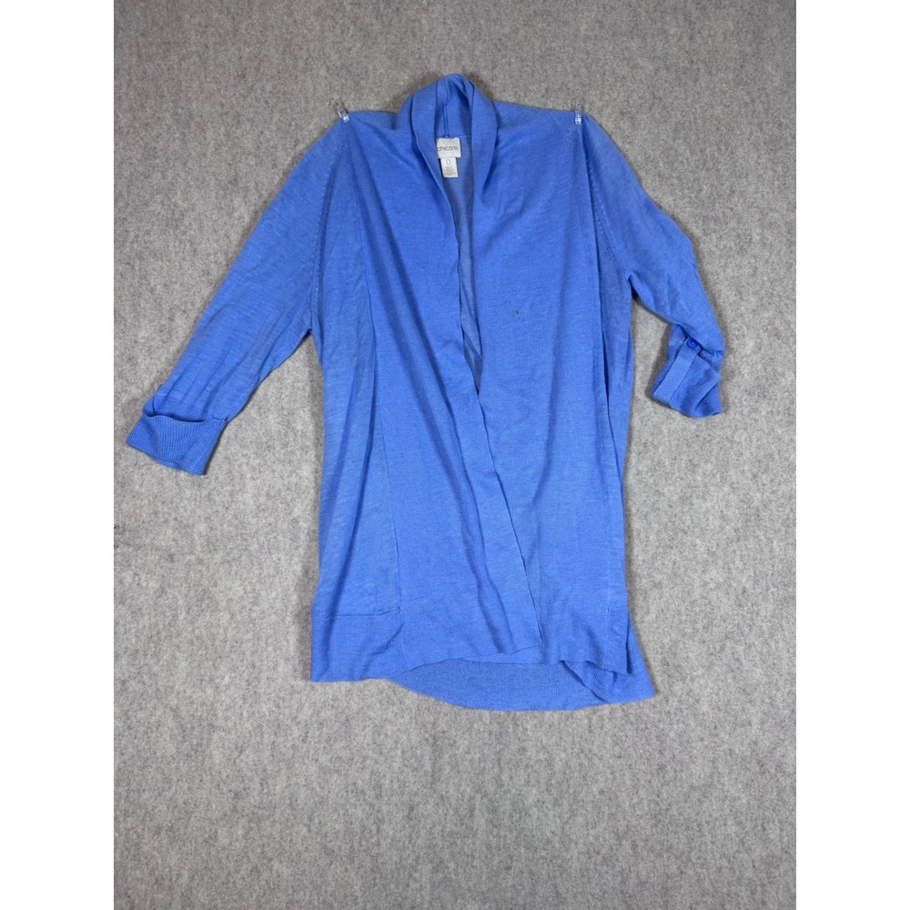 k189. Chicos Blue Open Front Cardigan Ramie Blend Button Tab 3/4 Sleeve Size S